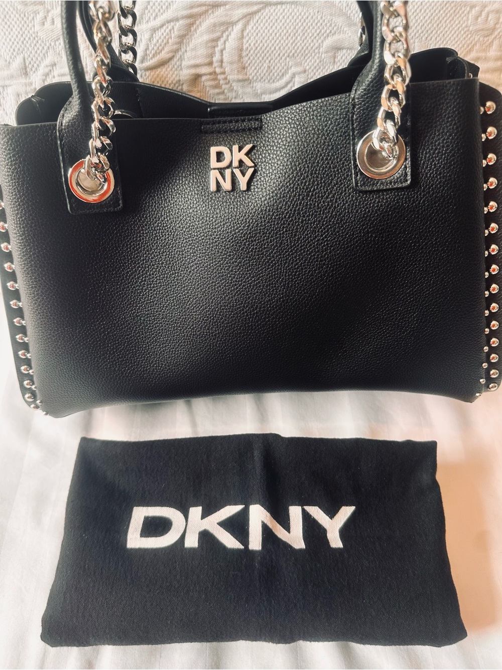 DKNY Black Pebbled Leather Tote with Silver Hardware and Stud Trim